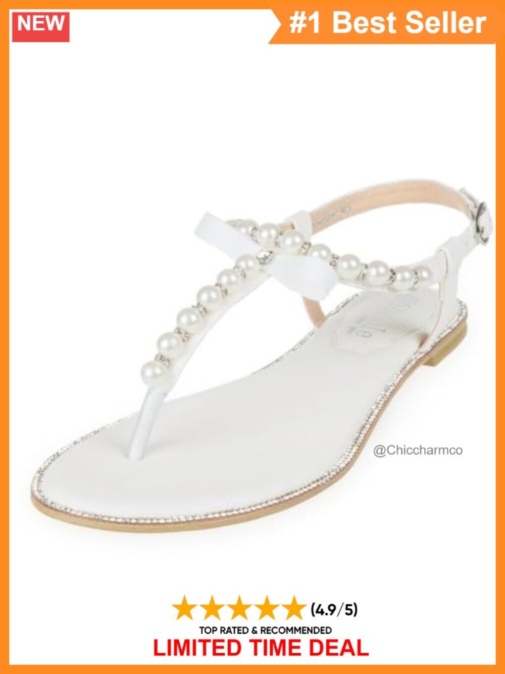 Pearl T-Strap Flat Sandals Faux Leather Buckle Comfort Wedding Dress Shoes